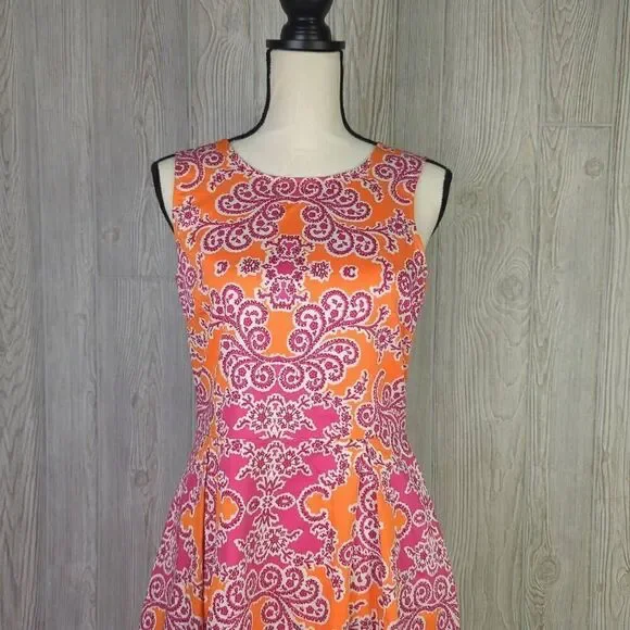 Holly & Whyte by Lindex Womens 10 Midi Dress Orange Pink Floral Sleeveless Flowy - Picture 2 of 11